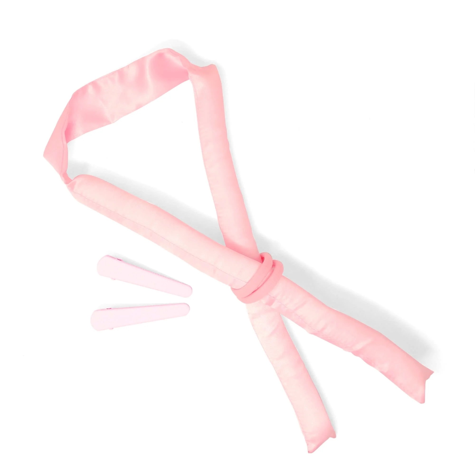 pink satin hair rod with matching hair ties and clips