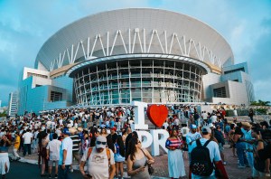 Fans outside the Coliseo de Puerto Rico José Miguel Agrelot on night 1 of Bad Bunny: "No Me Quiero Ir De Aqui" Residencia on July 11, 2025 in San Juan, Puerto Rico.