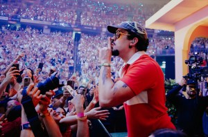 Bad Bunny performs onstage during night 1 of Bad Bunny: "No Me Quiero Ir De Aqui" Residencia En El Choli at Coliseo de Puerto Rico José Miguel Agrelot on July 11, 2025 in San Juan, Puerto Rico.