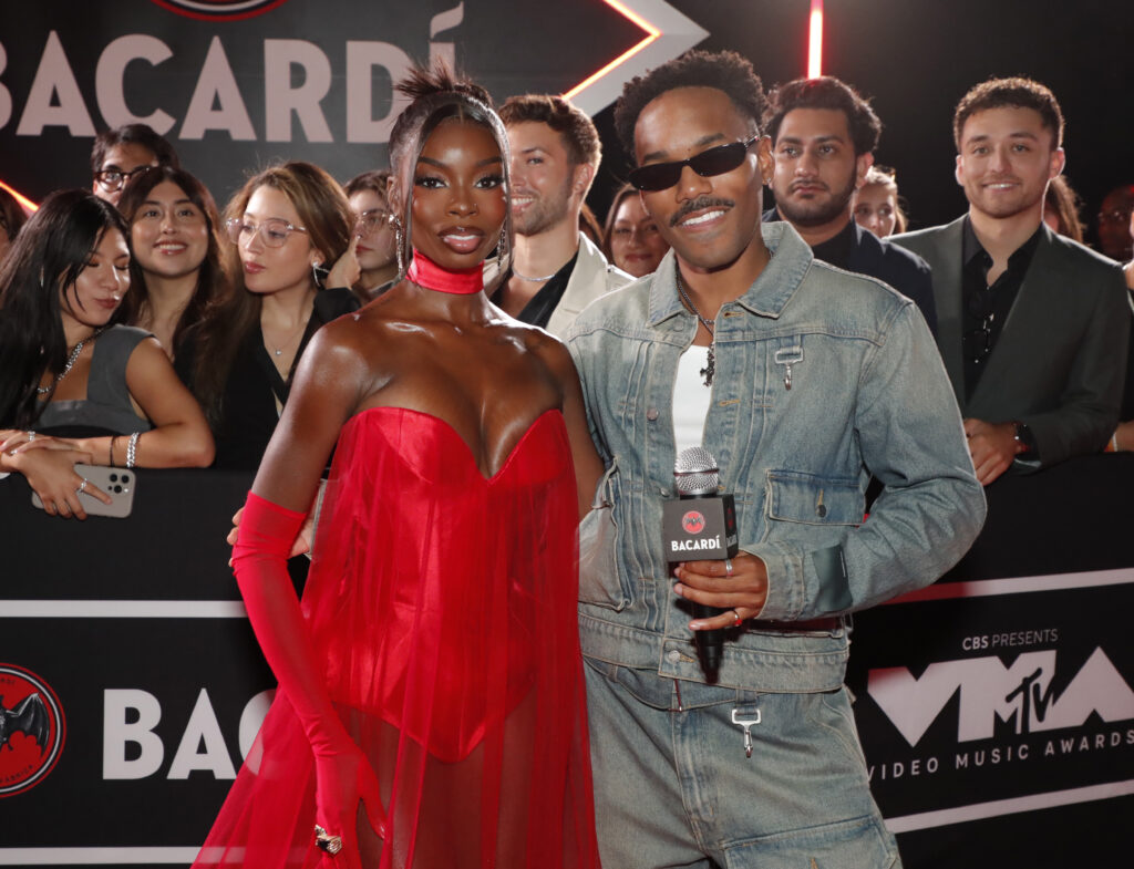 Olandria Carthen and Carter Gregory  attend VMA 2025 Integrated Marketing - Red Carpet at UBS Arena on September 07, 2025 in Elmont, New York.  