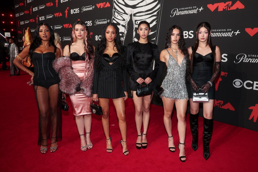 Lara Raj, Megan Skiendiel, Manon Bannerman, Sophia Laforteza, Daniela Avanzini, and Yoonchae Jeong of KATSEYE at the MTV Video Music Awards 2025 held at UBS Arena on September 07, 2025 in New York, New York.