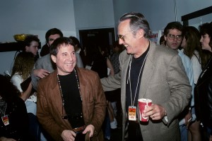 Paul Simon and actor Dennis Hopper backstage at Farm Aid V at Texas Stadium in Irving, Texas on March 14, 1992.