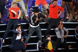 Singer Pharrell Williams performs onstage during the Oscars at the Dolby Theatre on March 2, 2014 in Hollywood, California.